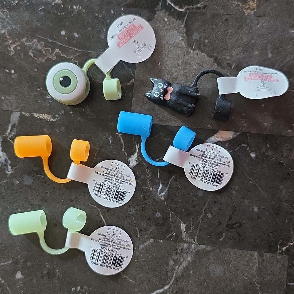 Silicone Straw Toppers 3 Glow In The Dark 2 Novelty Set Of 5; Fits 9 -10mm Straw
